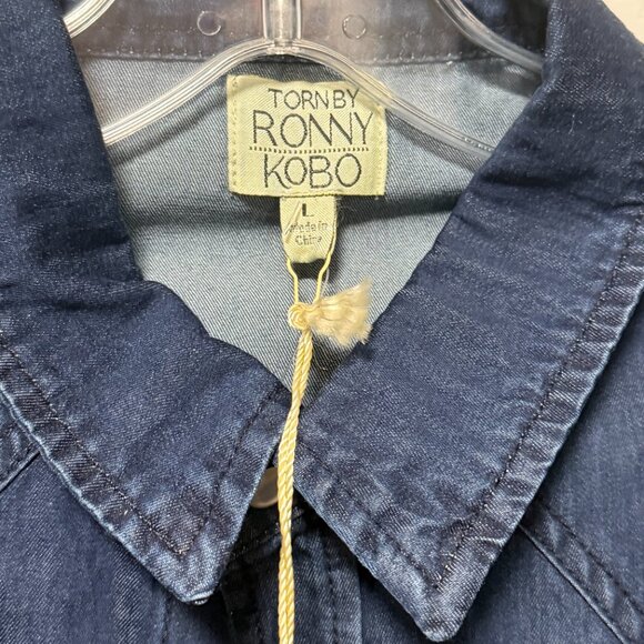 New Torn by Ronny Kobo Western Prairie Denim Blue Blouse Women's Large Dark Wash - Picture 14 of 16